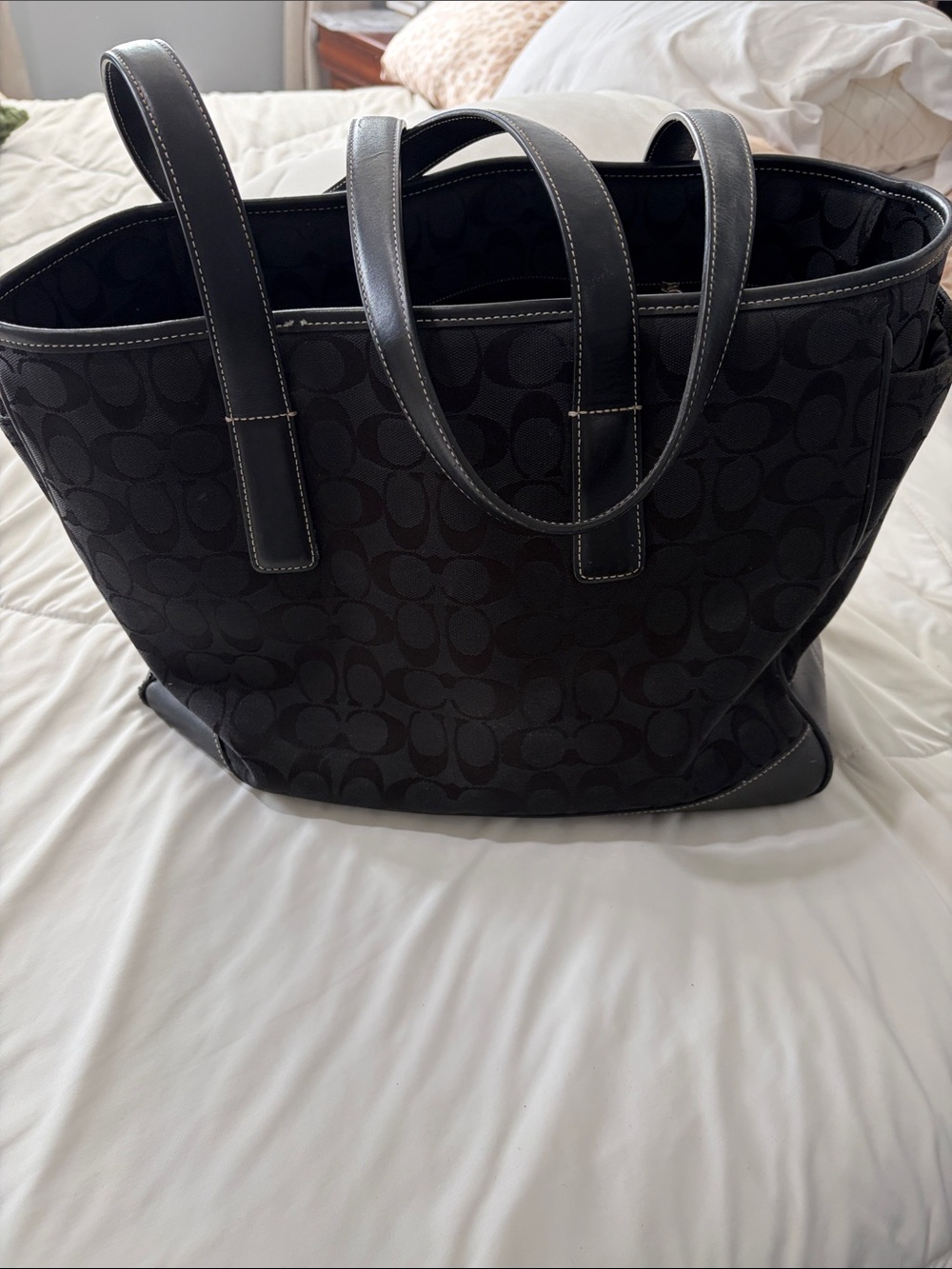 Coach Black Signature Canvas Tote with Leather Trim